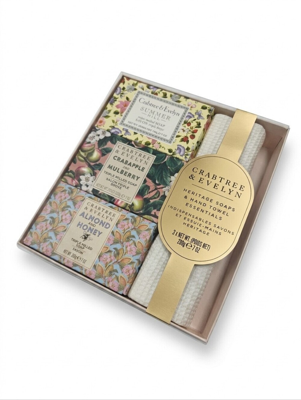 New Crabtree & Evelyn Heritage Soaps & Towel Essentials 3 - 7 Oz Soaps 3-Scents
